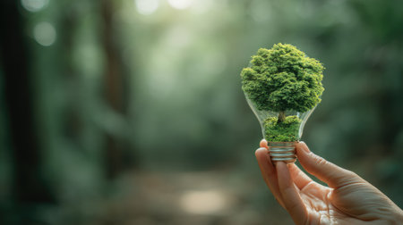 A hand gently holds a lightbulb, its interior brimming with a lush green tree. The image showcases vibrant green hues against a blurred background, suggesting an outdoor environment bathed in sunlight. It could be used for visual concepts related to eco-friendliness, environmental awareness, and the future of sustainability.の素材