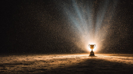 A golden trophy sits in the center, illuminated by a spotlight against a dark backdrop. Textured water particles add dynamic visual elements. The scene showcases high contrast and dramatic lighting with a central focus. Suitable for various projects, the image may be used in both commercial and editorial contexts.の素材