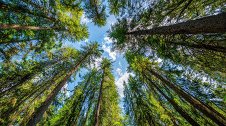 The image captures a unique perspective looking upwards through a forest canopy. The tall, green trees with their textured bark reach toward a bright blue sky filled with patches of white clouds. The composition features a natural lighting creating a sense of depth with the potential for use in various editorial and commercial projects.の素材