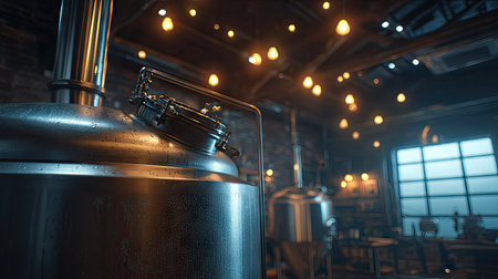 An indoor shot showcases industrial brewing tanks, accented by warm, soft overhead lighting. The polished metal surfaces reflect the ambient glow, while the background suggests a wider space. The scene's composition is suitable for visual storytelling and can be used for various commercial and editorial projects.の素材