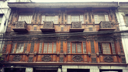 A detailed exterior view showcases a beautifully preserved building with intricate wooden carvings. The composition features a symmetrical arrangement of windows, balconies, and decorative elements. The warm color palette of wood tones contrasts with the sky. Ideal for architectural studies, historical documentation, and creative projects.の素材