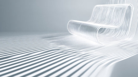 An elegant armchair is featured in this studio setting, rendered with a minimalist aesthetic. The design employs smooth lines and shadow play for visual interest. The monochromatic color scheme and directional light create a sense of space and sophistication. Suitable for design projects, advertising campaigns, or other commercial applications.の素材