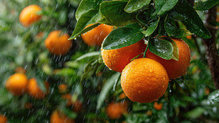 Close-up captures oranges hanging on a tree, glistening from rain amidst green foliage. The image highlights the fruit's orange color and textured surface. The scene conveys a sense of freshness and natural environment, offering potential for commercial use in food or nature-related projects.の素材
