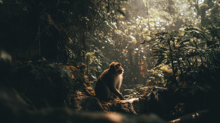 A monkey is captured in its natural habitat amidst dense foliage. The image showcases a monkey, highlighted by sunlight filtering through the trees. The composition and use of light create a dramatic scene suitable for various commercial applications, emphasizing nature and the animal kingdom.の素材