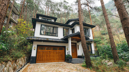 A two-story residential building stands amidst a forest setting. The house features white walls, dark roof trim, and a wooden garage door. The composition highlights the integration of architecture with nature, with surrounding tall trees. This image can be used for architectural, real estate, or lifestyle projects.の素材