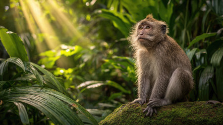 A monkey sits atop a moss-covered rock within a dense, vibrant green forest. Warm sunlight filters through the overhead foliage, creating bright rays and shadows. The composition presents a natural setting with detailed textures, suitable for a variety of visual content. It may be used for educational materials or environmental themes.の素材