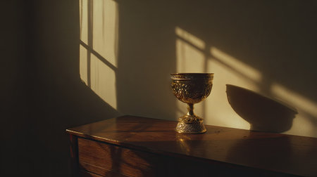 A gilded chalice sits atop a dark wooden table, showcased against a pale wall with striking shadows. Warm sunlight streams through a window, casting sharp lines and enhancing the object's intricate details. The composition suggests a moment of stillness, ideal for editorial or commercial projects.の素材