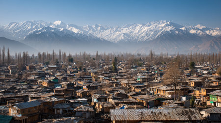 A scenic overview showcases a mountain village with buildings and a backdrop of snow-covered peaks. The composition features a clear sky, casting a soft light over the scene, which presents a variety of architectural styles. Suitable for a range of uses including travel articles or environmental presentations.の素材