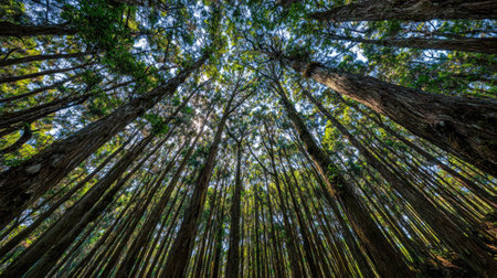 An overhead shot shows numerous tall trees rising towards the sunlight. The trunks are brown, and the foliage is green, with the sun creating a bright spot in the center. This nature scene could be used for various editorial or commercial purposes, such as illustrating environmental concepts or promoting outdoor activities.の素材