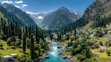 An expansive landscape showcases a river winding through a valley, flanked by lush trees and towering mountains. The composition features vibrant greens, blues, and earthen tones, suggesting a natural environment. This visual could be utilized in various editorial and commercial projects that involve nature or travel.の素材
