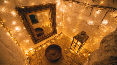 A cozy interior scene showcases a mirror, lantern, and decorative lighting. The warm color palette and soft illumination create a welcoming atmosphere. The composition is a top-down view, potentially suitable for illustrating interior design or representing concepts of warmth and ambiance for various commercial applications.の素材