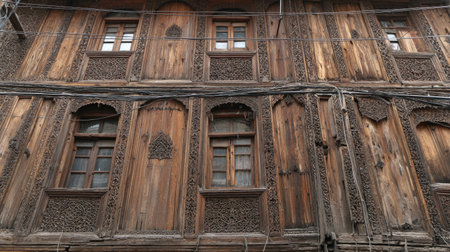 The image displays a multi-story wooden building facade featuring intricate carvings and framed windows. The natural wood tones and aged texture suggest traditional construction. The composition, viewed from a low angle, may serve various commercial applications, offering a glimpse into cultural heritage and design aesthetics. The lighting appears soft, highlighting the detailed craftsmanship.の素材