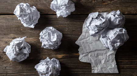 The image displays a human head silhouette with paper balls representing ideas or thoughts. Several crumpled papers are scattered on a wooden background. The composition features a warm color palette, natural lighting, and an overhead perspective. Suitable for conceptual design, editorial, or promotional applications.の素材