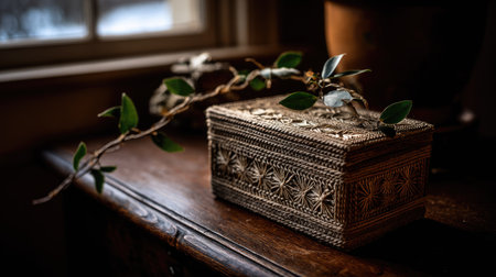 An intricately designed wooden box is displayed on a dark wooden surface, decorated with delicate patterns. A vine with green leaves drapes across the box. The image uses natural lighting, creating shadows and depth. This photo could be used in various commercial projects.の素材
