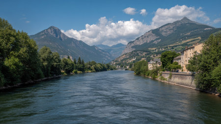 A wide river dominates the foreground, flanked by lush green trees and towering mountain ranges. The composition captures natural lighting and detailed textures of the landscape. This image could serve as a visual for various editorial and commercial projects, emphasizing natural beauty.の素材