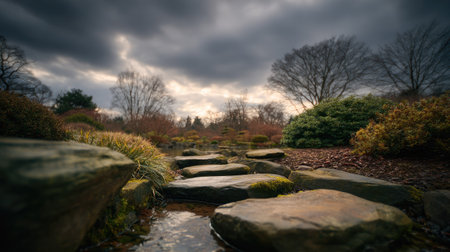 A stone pathway winds through a peaceful garden landscape, leading towards a copse of trees. The scene features shades of green, brown, and grey, creating a calm and inviting atmosphere. The overcast sky suggests a cool, diffused lighting effect, suitable for editorial or commercial applications.の素材