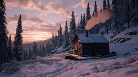 An outdoor scene depicts a cabin nestled among snow-covered evergreen trees with a backdrop of a sunset or sunrise sky. Smoke rises from the chimney suggesting warmth within. The image features a soft, diffused light and a serene composition, lending itself to various commercial or editorial applications.の素材