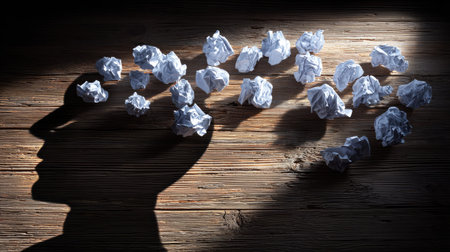 A silhouette of a head cast on a wooden surface is the main element. Paper balls floating above suggest thoughts or ideas. The composition utilizes overhead lighting, creating a dramatic contrast. This image could be used for visual storytelling in editorial or commercial projects related to creativity.の素材