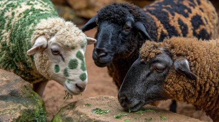 Three sheep, each with distinct color patterns, stand close together. The image presents various textures and colors, showing each sheep's wool. The natural lighting suggests an outdoor setting. This image could be utilized for educational materials or creative projects.の素材