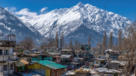 A village with buildings of various colors lies at the base of a snow-covered mountain range under a clear blue sky. The daylight illuminates the structures and surrounding area. This scenic landscape could be used for travel publications, environmental campaigns, or educational resources focusing on geography.の素材