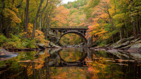 A stone bridge arches gracefully over a tranquil river, its form mirrored in the still water. Vibrant autumn foliage in shades of orange and yellow surrounds the scene. The image displays natural light, creating a rich, textured composition suitable for various editorial and commercial applications.の素材