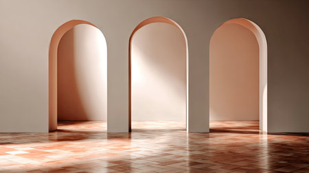 This image showcases three arched doorways within a minimalist interior. The scene is bathed in natural sunlight, creating shadows and highlights on the smooth walls. The composition features clean lines and a warm color palette. This visual is suitable for architectural, design, or conceptual projects, providing copy space.の素材