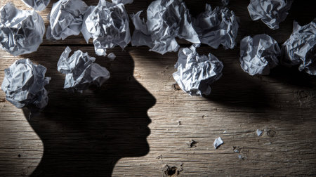 A silhouette of a human head with crumpled paper balls above, symbolizing thoughts. The image features a natural wooden surface, casting shadows. It has a moody, conceptual style. The scene is likely indoors, with soft lighting. Suitable for illustrating creativity, brainstorming, or mental processes in various commercial contexts.の素材
