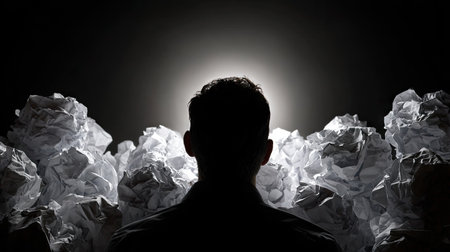 This black and white image showcases the silhouette of a person standing before a mass of crumpled paper. The monochrome composition emphasizes the textures and forms, with stark lighting creating dramatic shadows. The setting appears to be indoors, with a focus on the figure's outline. This visual could be used for various conceptual projects.の素材
