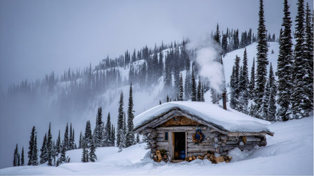 A small wooden cabin sits nestled in a snowy landscape, with a backdrop of evergreen trees shrouded in fog. The scene is dominated by white and gray hues, with the textures of snow and wood creating visual interest. Smoke rises from the chimney, suggesting warmth. This image is suitable for various commercial applications.の素材