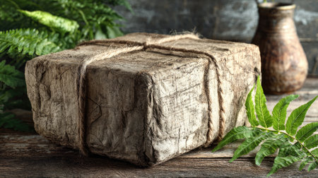 A stone block wrapped with twine sits on a wooden surface, highlighted by natural lighting. Green foliage is arranged in the foreground and background, adding color and texture. The composition suggests a natural setting and could be used for a variety of commercial and editorial purposes.の素材