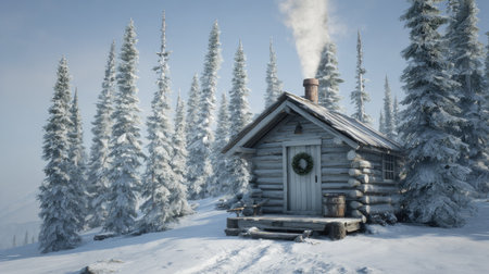 A small log cabin sits in a snow-covered forest, with visible smoke rising from the chimney. The scene features evergreen trees under a bright, daytime sky. The visual characteristics include a naturalistic style with soft lighting and textures. Suitable for various commercial and editorial applications.の素材