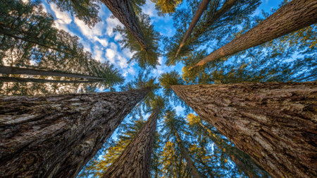 An upward perspective reveals towering trees against a backdrop of a blue sky dotted with clouds. The photograph showcases textured tree trunks and vibrant green foliage, illuminated by sunlight. The composition may be suitable for illustrating environmental themes or natural landscapes for commercial projects.の素材