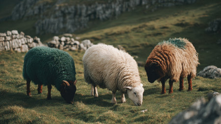 Three sheep with distinct colors graze on a green hillside. The image showcases a soft, natural color palette and textures, with a focus on the woolly animals. The composition suggests an outdoor setting under gentle lighting. This image could be used for various commercial and editorial purposes.の素材