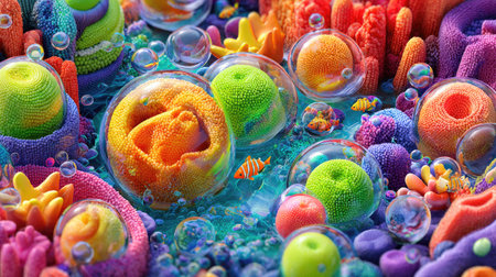 This image showcases a surreal underwater scene with an abundance of colorful coral formations and diverse marine life. The composition features a variety of hues, textures, and shapes, with soft lighting highlighting the forms. Suitable for use in digital design, advertising, or educational content.の素材