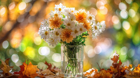 A detailed view of a floral arrangement featuring white and orange chrysanthemums in a clear glass vase. The composition includes autumn leaves in the foreground and a blurred background with warm tones of yellow and green. This image could be utilized for various editorial or commercial projects.の素材