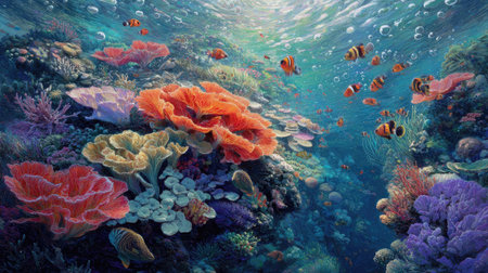 An underwater scene depicts a colorful coral reef teeming with life. Various coral formations in shades of orange, yellow, and purple are visible. Small, striped fish swim around, bathed in sunlight filtering through the water. This image could be used for educational materials or commercial projects.の素材