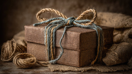 A close-up shot showcases a wrapped gift box adorned with a twine bow, exuding a rustic aesthetic. The texture of the box and the twine adds a natural feel to the composition. The blurred background suggests an indoor setting, possibly used for seasonal celebrations and commercial visuals.の素材