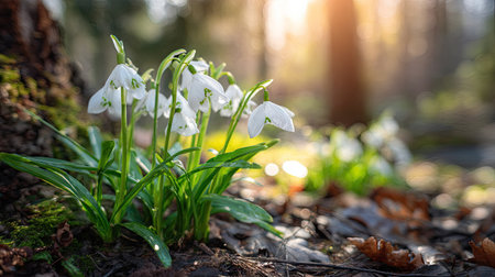 Delicate white snowdrop flowers are captured in a close-up view, with vibrant green leaves against a blurry forest background. The soft focus enhances the natural daylight, creating a serene mood. This image could be used for environmental awareness or seasonal themes.の素材