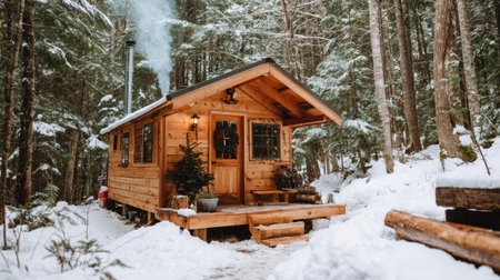 A small wooden cabin stands in a snow-covered forest with smoke rising from its chimney. The warm wooden tones contrast with the white snow. The composition features a balance between the structure and the surrounding environment. Suitable for various editorial and commercial applications.の素材