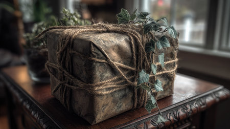 A meticulously wrapped package, bound with twine and adorned with sprigs of greenery, sits on a detailed wooden surface. The composition highlights natural textures and tones, with soft lighting suggesting an indoor setting near a window. This image could be used for various purposes, including editorial and commercial content.の素材