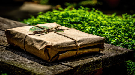A wrapped gift box, presented on a wooden surface, is the central subject. The wrapping is brown paper tied with string, adorned with a leaf. Green foliage forms the background, suggesting an outdoor setting with natural lighting. Suitable for various uses, including illustrating themes of giving, occasions, and nature.の素材
