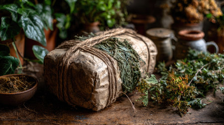 A rustic package bound with twine rests on a wooden surface, surrounded by greenery and clay pots. The scene features a warm, natural light illuminating textures and tones. The composition is suggestive of artisanal craftsmanship and could be suitable for commercial or decorative purposes.の素材