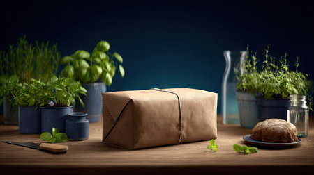 A neatly wrapped package sits center stage, accented by fresh herbs and greenery in pots. The scene showcases a wooden table illuminated by soft lighting. The composition includes glass vessels and a piece of bread, set against a deep, solid background, suitable for various commercial and editorial applications.の素材