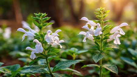 Close-up captures white wildflowers with green leaves, bathed in natural sunlight. The composition features a soft-focus background, enhancing the delicate details of the plants. Ideal for showcasing botanical beauty, the image suits various applications, including editorial features and commercial designs.の素材