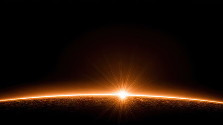 A dramatic visual depicts a golden light emerging from a horizon line set against a deep black background. The style is abstract with a strong emphasis on light and shadow. This image, with its radiant and mysterious quality, might be suitable for various commercial and editorial purposes.の素材