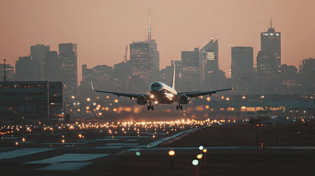 An airplane ascends at dusk, the silhouette of the aircraft contrasting against a dusky sky. The runway is illuminated by numerous lights, and a cityscape forms the backdrop. The image features a soft, warm color palette. This photograph could be used for commercial travel-related projects or editorial content.の素材