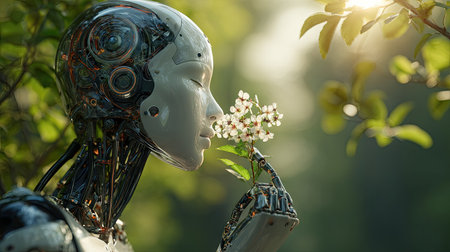 A futuristic humanoid robot is depicted gently smelling a small cluster of white flowers. The image showcases a blend of metallic textures and soft skin tones. Sunlight streams through green foliage, creating a warm, natural backdrop. Ideal for conceptual illustrations of technology, nature, or future scenarios.の素材