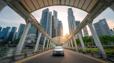 A silver car is captured in motion, driving towards a city skyline. The image features a bridge with architectural details and a wide perspective. The style is realistic, showing clear colors and daylight conditions. This composition may be suitable for commercial uses related to transportation, urban planning, or infrastructure.の素材