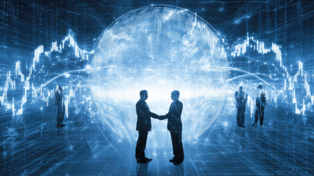 Two people shake hands in front of a large glowing sphere, with others in the background. The scene is rendered in cool blue tones, with digital lines and graphs overlaying the sphere and background. It suggests a modern, technology-driven business or partnership, possibly suitable for illustrating concepts of agreement.の素材