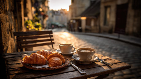 A close-up showcases a table with coffee cups and croissants, bathed in warm sunlight. The scene suggests an outdoor cafe, with a blurred background of a cobblestone street and buildings. The composition focuses on food and drink, implying a pleasant morning or midday break. Suitable for various editorial and commercial uses.の素材